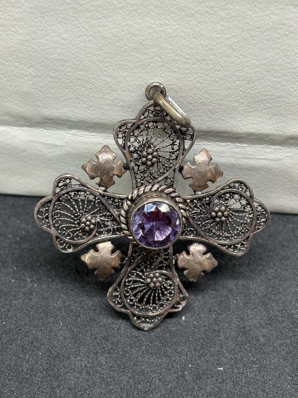 Vintage 950 Sterling Silver Vermeil Mystic Topaz Jerusalem Cross Pendant 1.6”